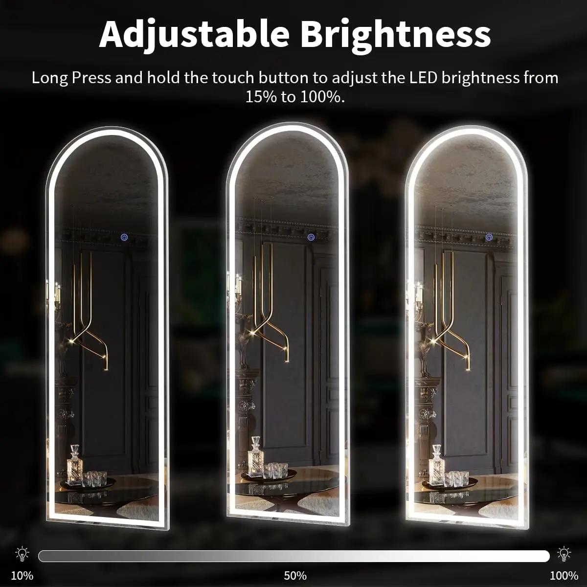 Miroir pleine longueur arqué 63 "x 20" avec lumières, miroir LED pleine longueur, miroir de sol écla