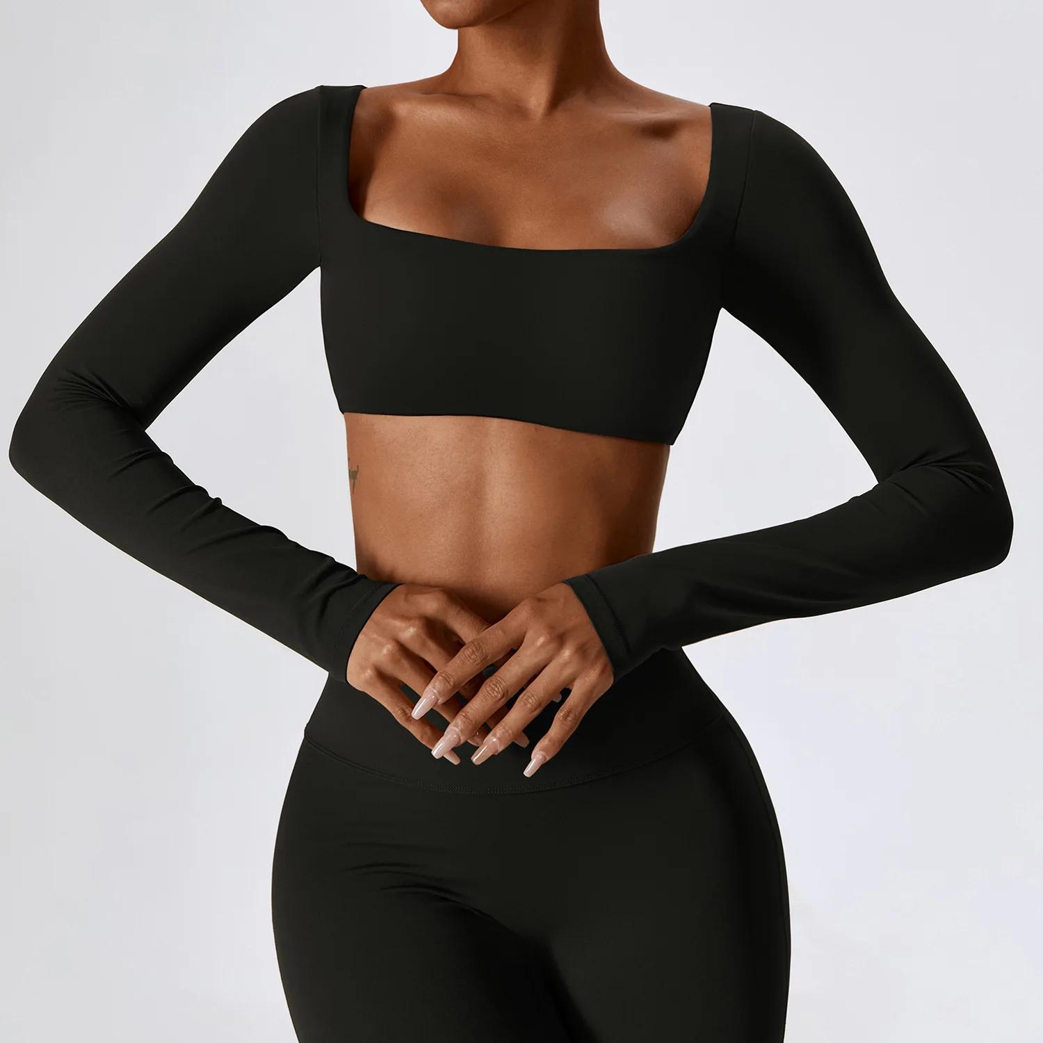 Crop top yoga femme manches longues - Haut sportif sexy nombril exposé séchage rapide fitness