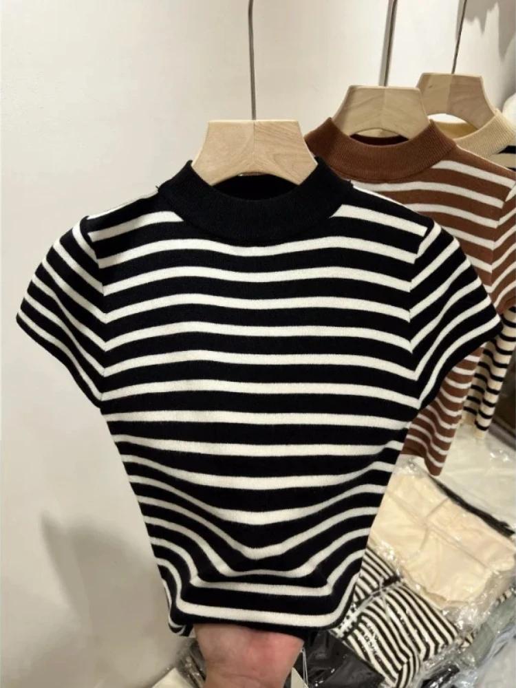 Pull à col roulé rayé pour femme, haut ajusté, chemise à manches courtes, début du printemps et de l