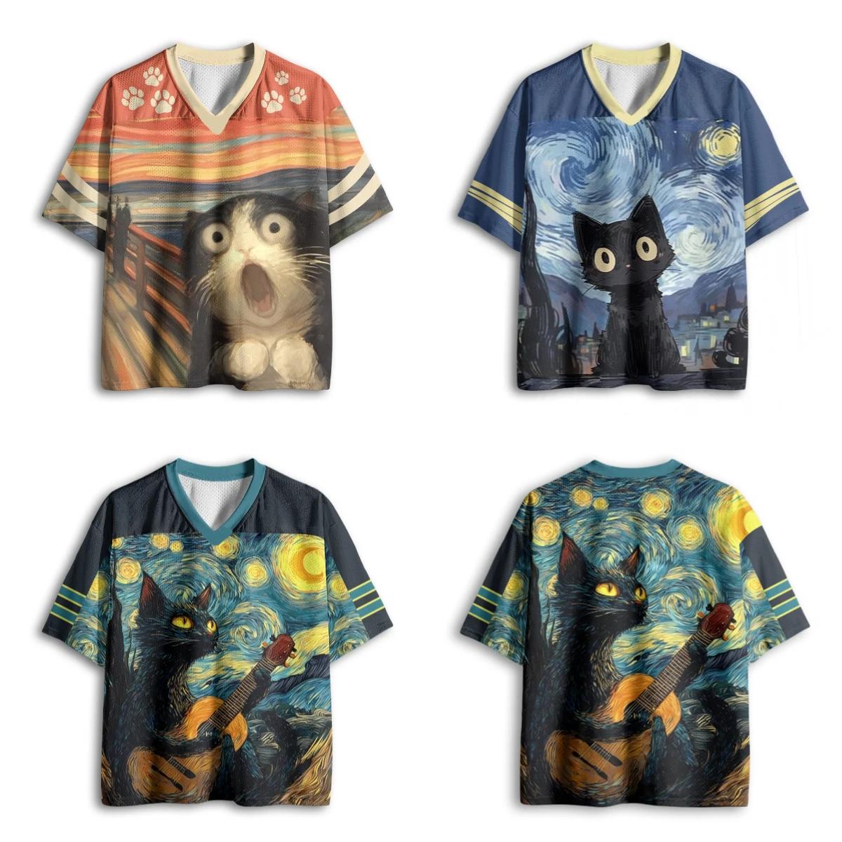 Nouveau T-shirt Sportif à Col en V Imprimé 3D pour Adultes et Enfants, Motif Chat Crieur Ciel Étoilé