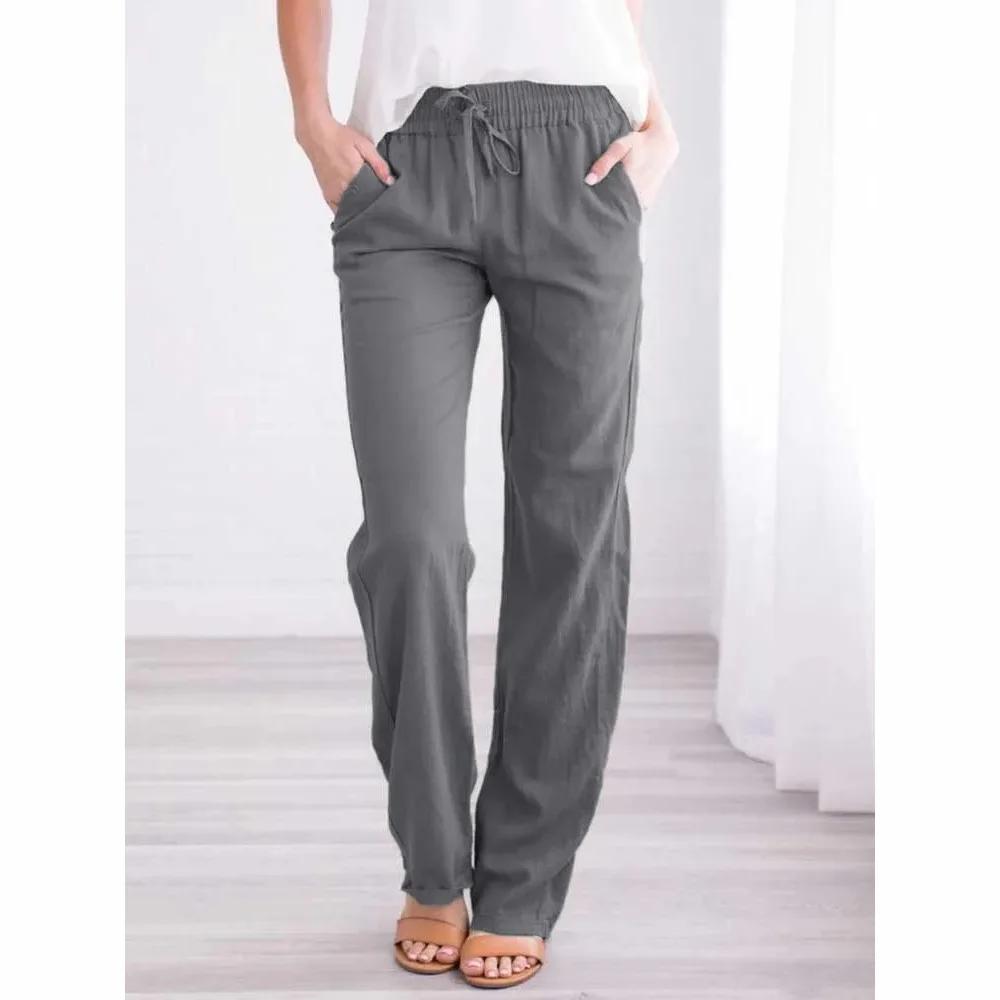 Pantalon en coton et lin pour femmes, avec cordon de serrage, taille élastique, décontracté, couleur