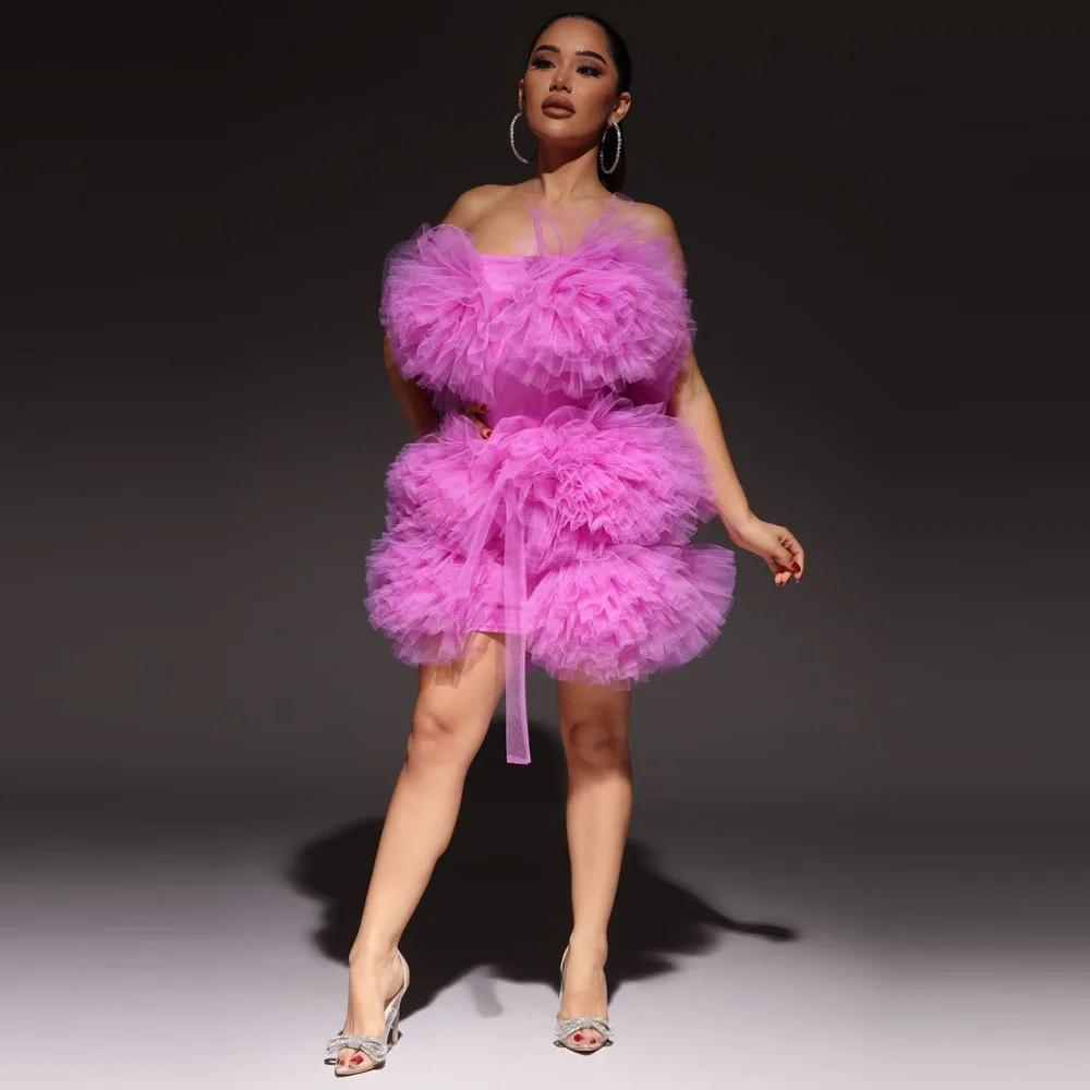 Robe d'anniversaire courte violette claire, sans bretelles, à volants, mini-longueur, pour filles, a