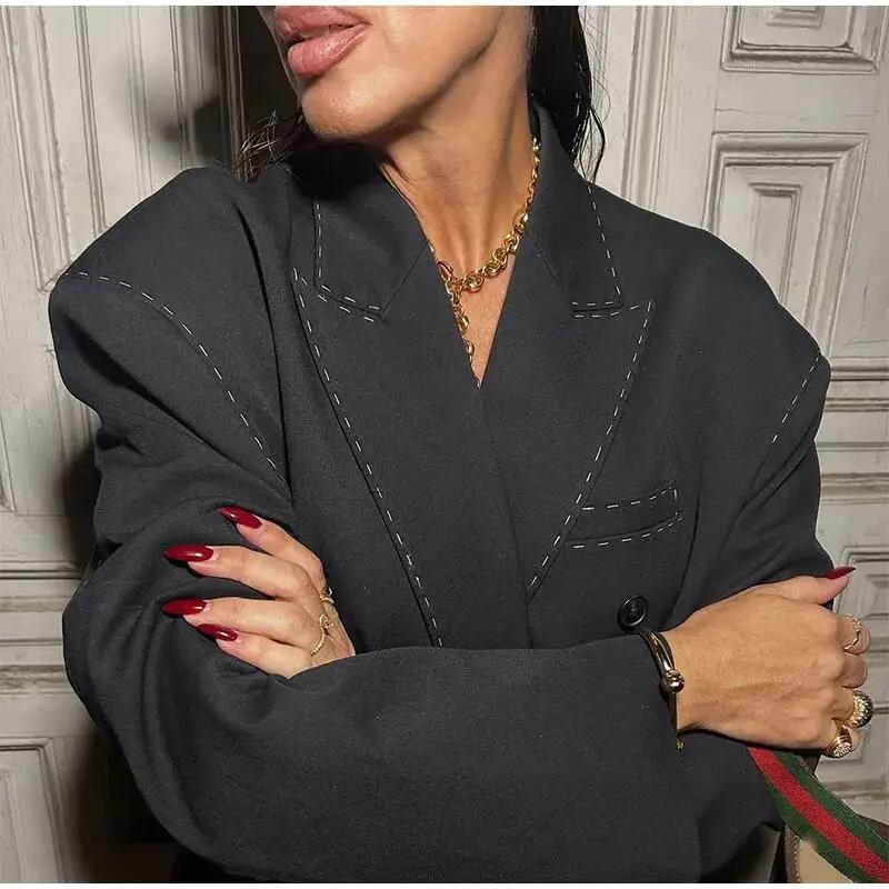 Blazer rayé pour femme, décontracté, ample, à revers, double boutonnage, manches longues, veste de b