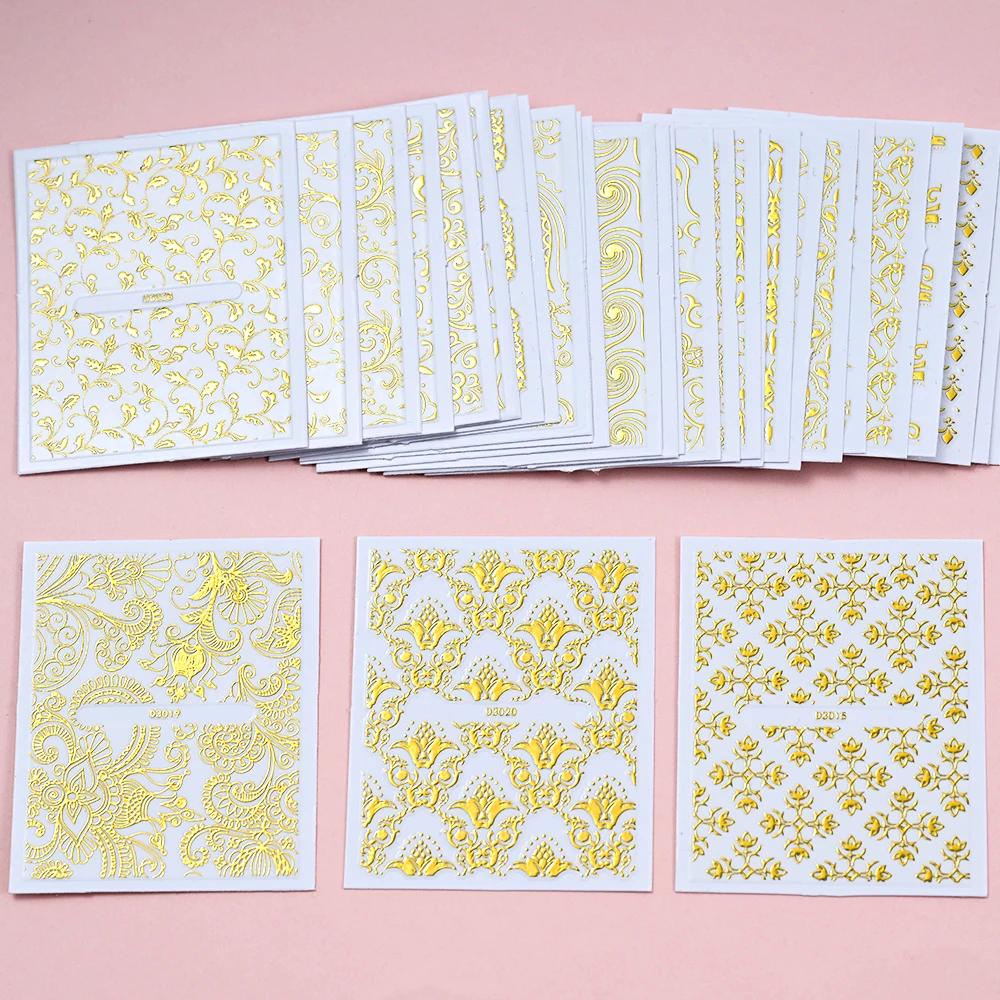 30 feuilles or fleurs métalliques vigne Nail Art décalcomanies 3D dentelle fleur autocollant pour on
