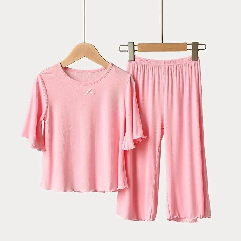Ensemble de soie glacée pour filles, vêtements de maison fins pour enfants, vêtements d'été pour enf