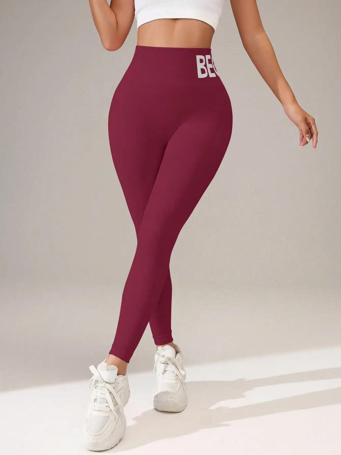 Leggings de yoga sans couture européens et américains avec lettrage de ceinture, collants respirants