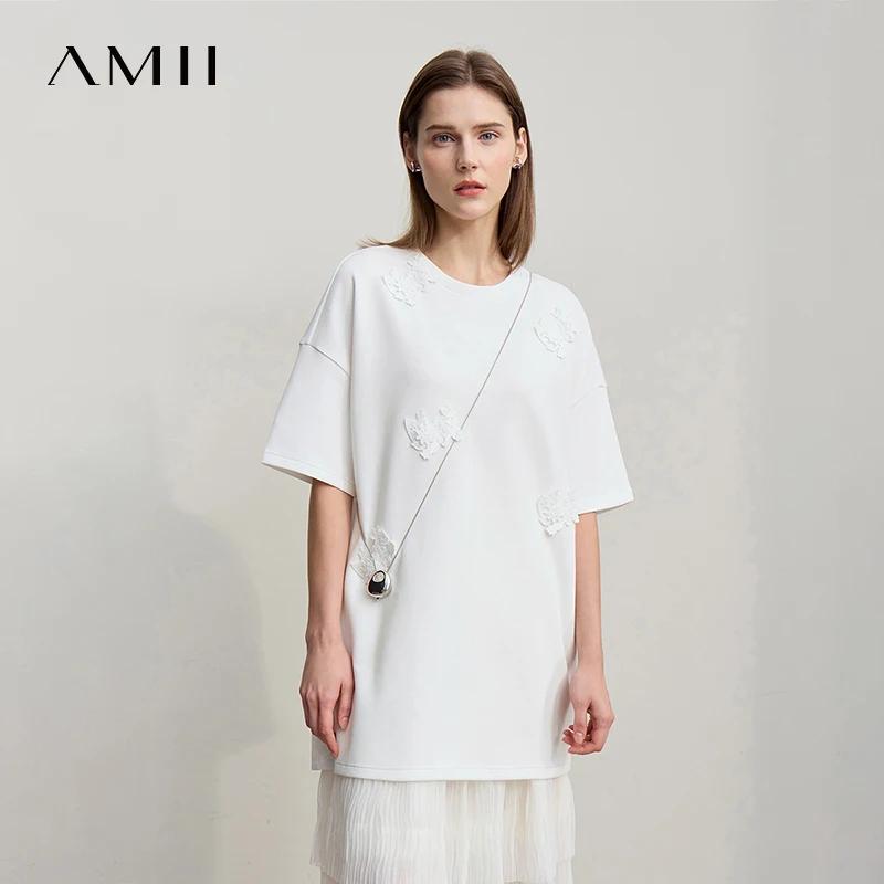 Amii T-shirt femme 2026 printemps nouveau col rond épissage dentelle manches courtes T-Shirt femme a