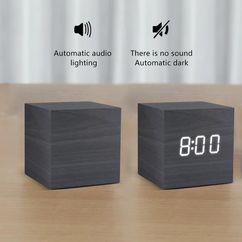 Réveil LED en bois, commande vocale, horloge de bureau électronique, alimenté par USB/AAA