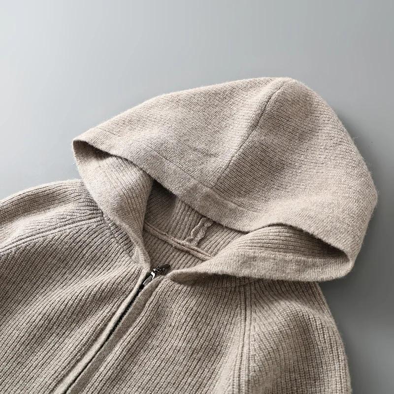 Cardigan à capuche classique pour hommes, tricoté avec aiguille Yuanbao, pull en laine australienne 