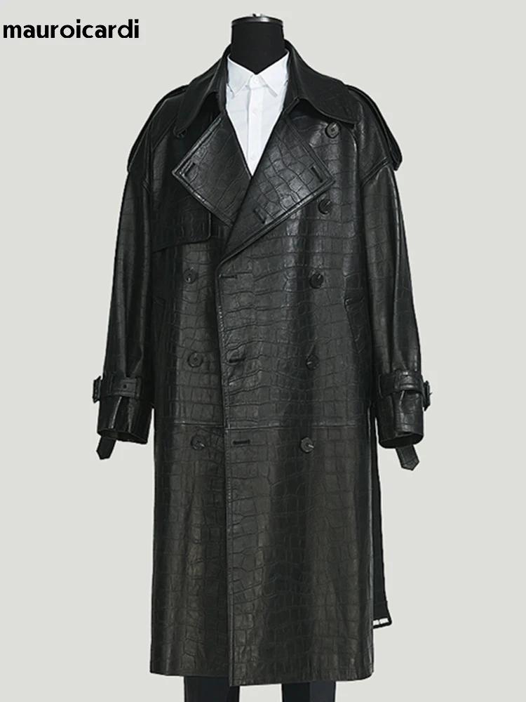 Mauroicardi printemps automne longue noir Crocodile imprimé Pu cuir Trench manteau hommes ceinture D