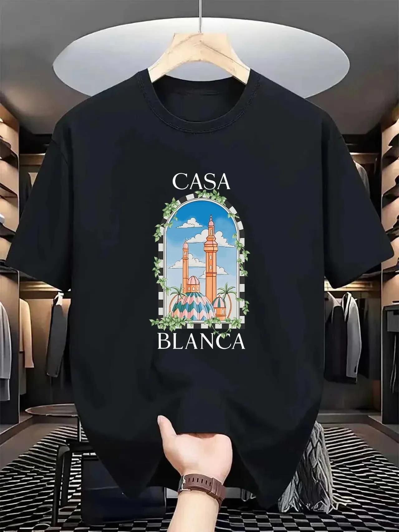 T-shirt vintage Casablanca à motif architectural, streetwear pour homme, manches courtes, été, hip-h