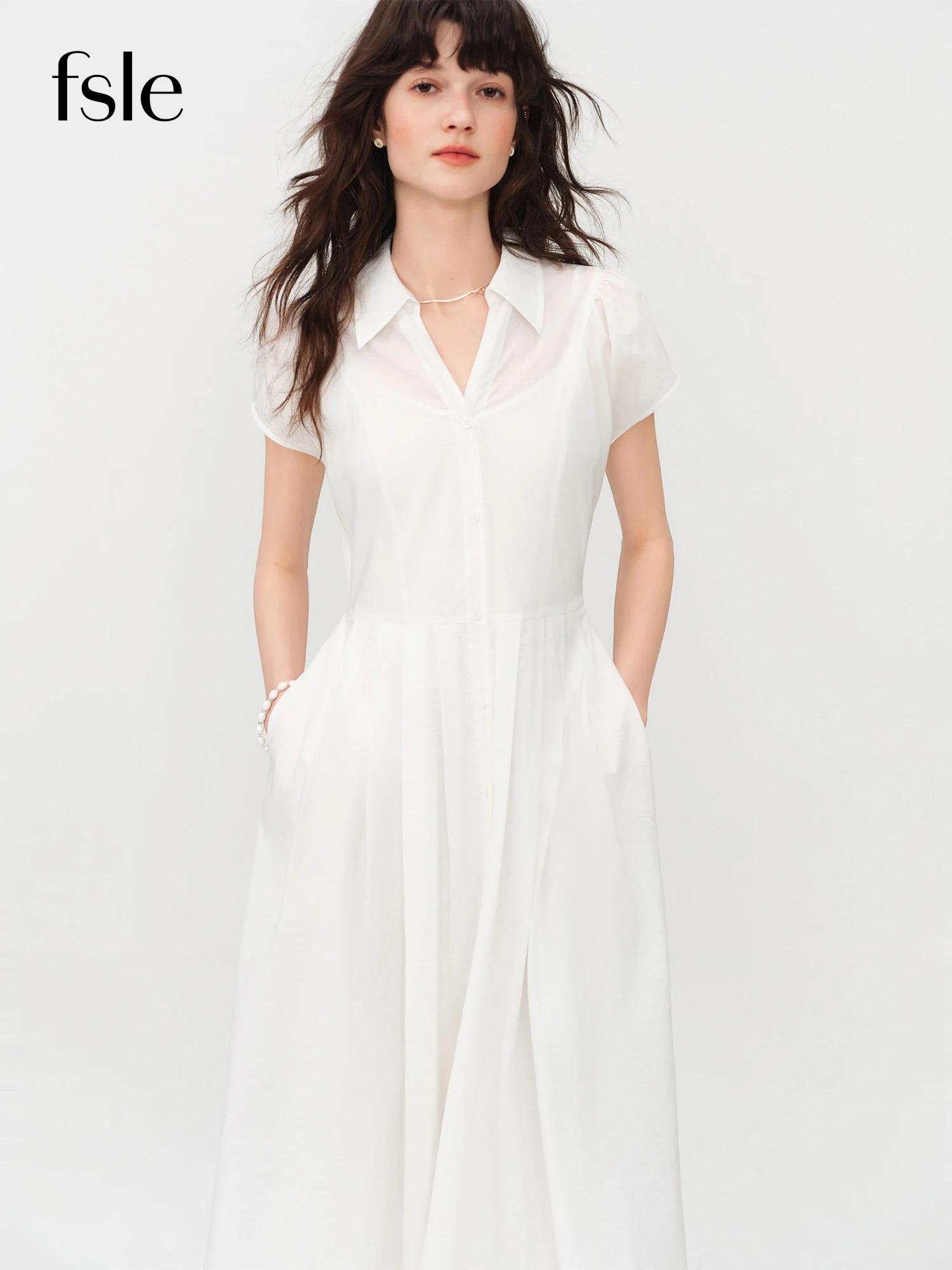 Robe plissée midi pour femme FSLE 2026, col en V fendu, coupe ajustée, style chemise, fluide, modern