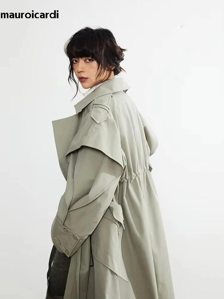 Mauroicardi-Manteau long à double boutonnage pour femme, pardessus élégant à volants, mode de piste,