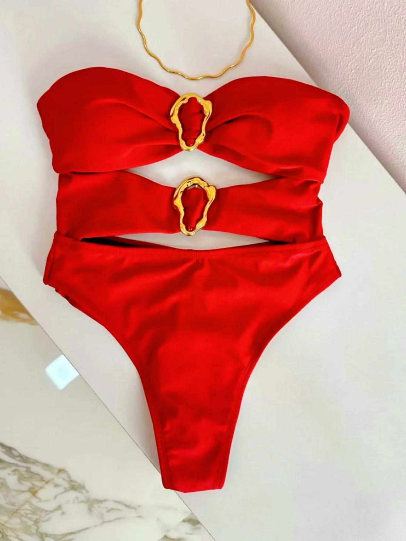 3 couleurs Sexy anneaux en métal découpé femmes maillots de bain une pièce maillot de bain femme Ban