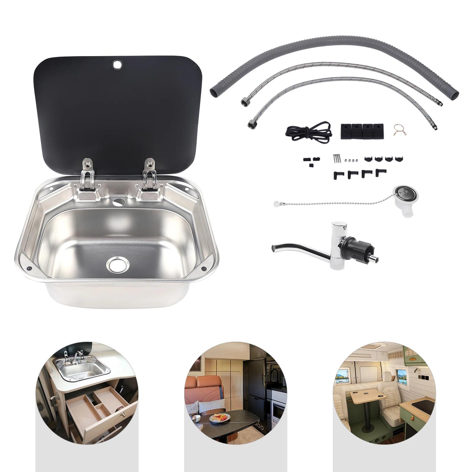 Lavabo de camping-car en acier inoxydable, Lavabo à main avec couvercle en verre