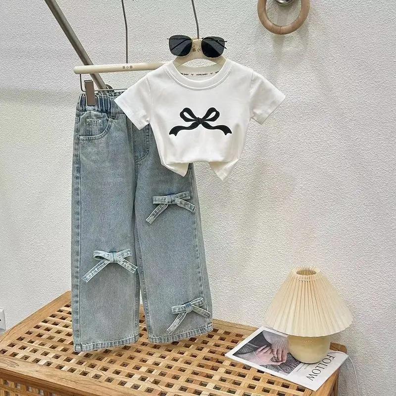 Ensemble d'été fin pour filles, jean à jambes larges et t-shirt pour adolescentes, ensemble de vêtem