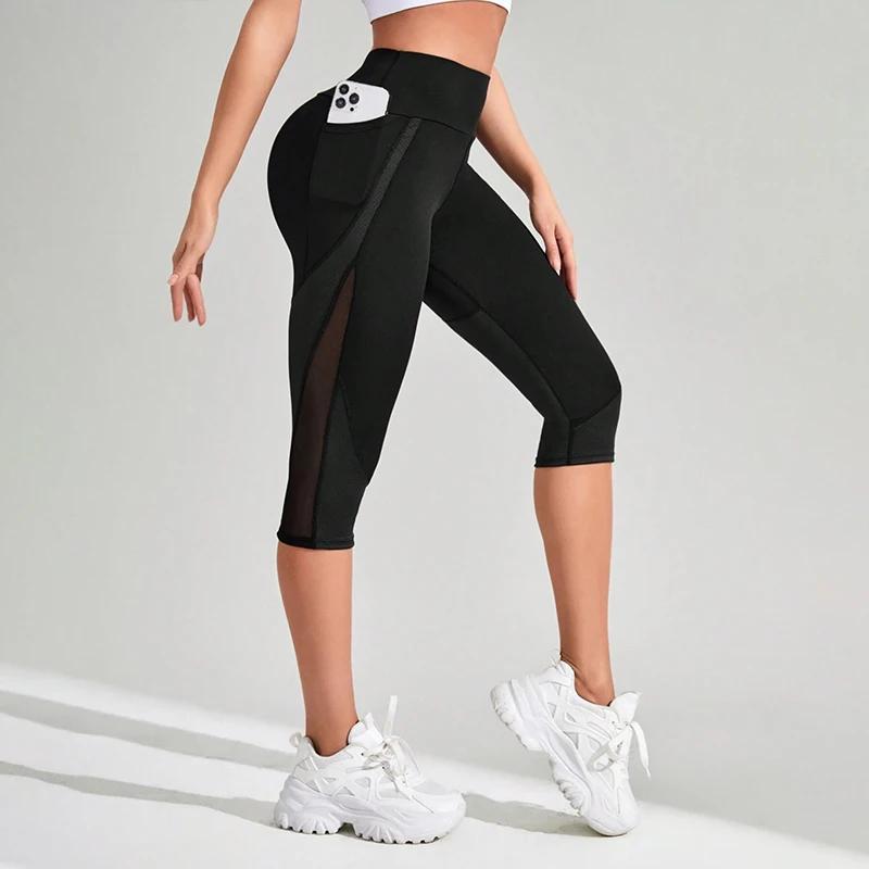 TUNIControl-Pantalon de yoga taille haute en maille pour femme, capri d'entraînement avec poches