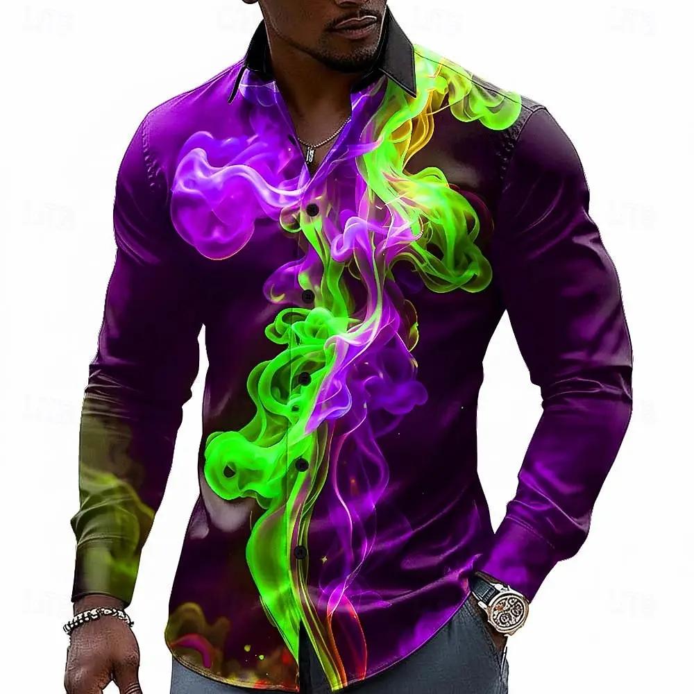 Chemise à manches longues pour homme, effet d'illusion optique, couleur fumée éblouissante, boutonné