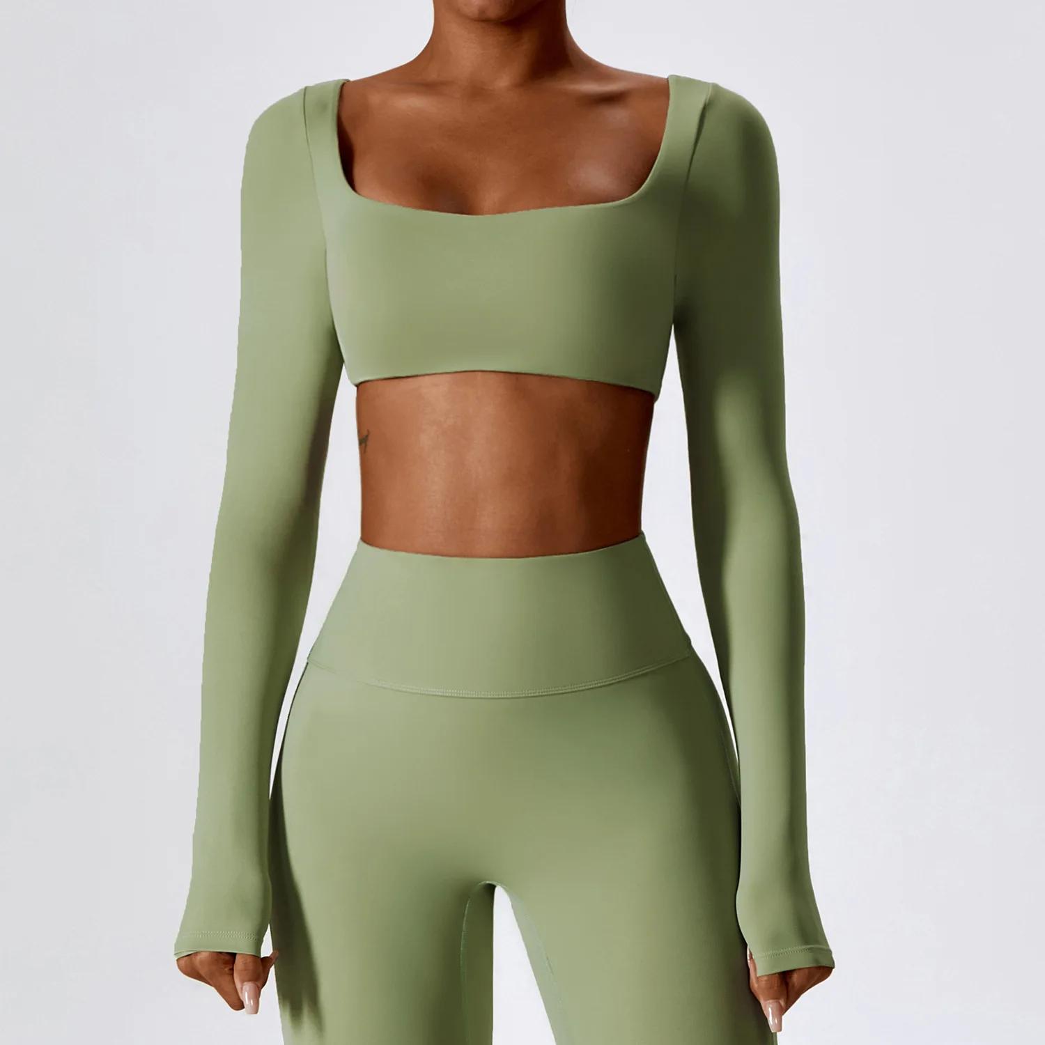 Crop top yoga femme manches longues - Haut sportif sexy nombril exposé séchage rapide fitness