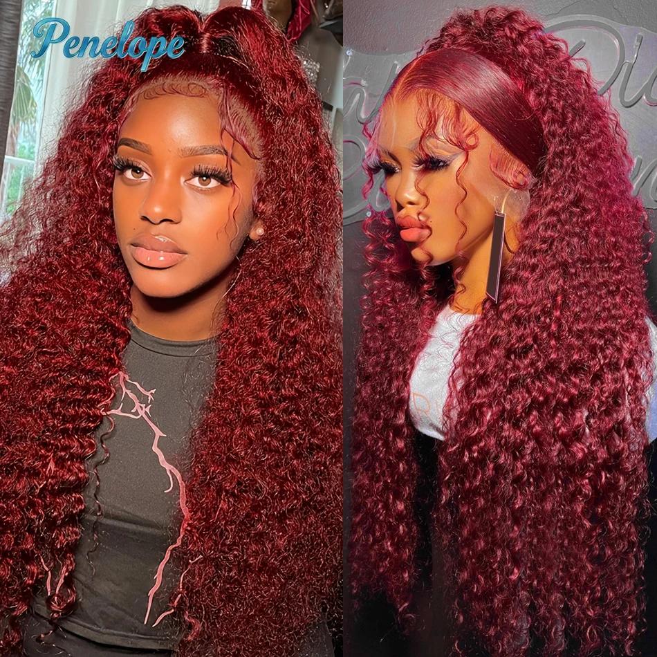 Perruques en cheveux humains 99J 13x4 HD Lace Front, densité 200%, bordeaux, 30-40 pouces, Deep Wave