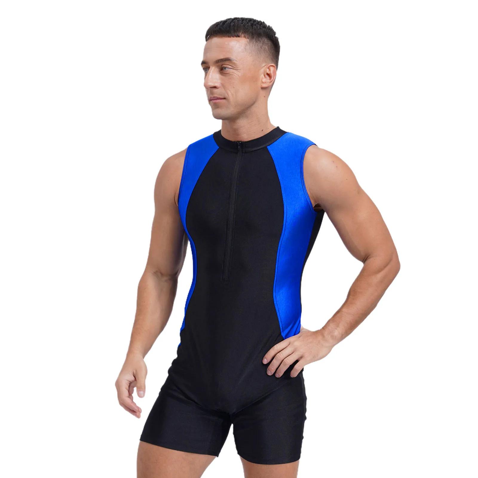 Maillot de bain une pièce pour hommes, bloc de couleurs, col rond, sans manches, fermeture éclair su