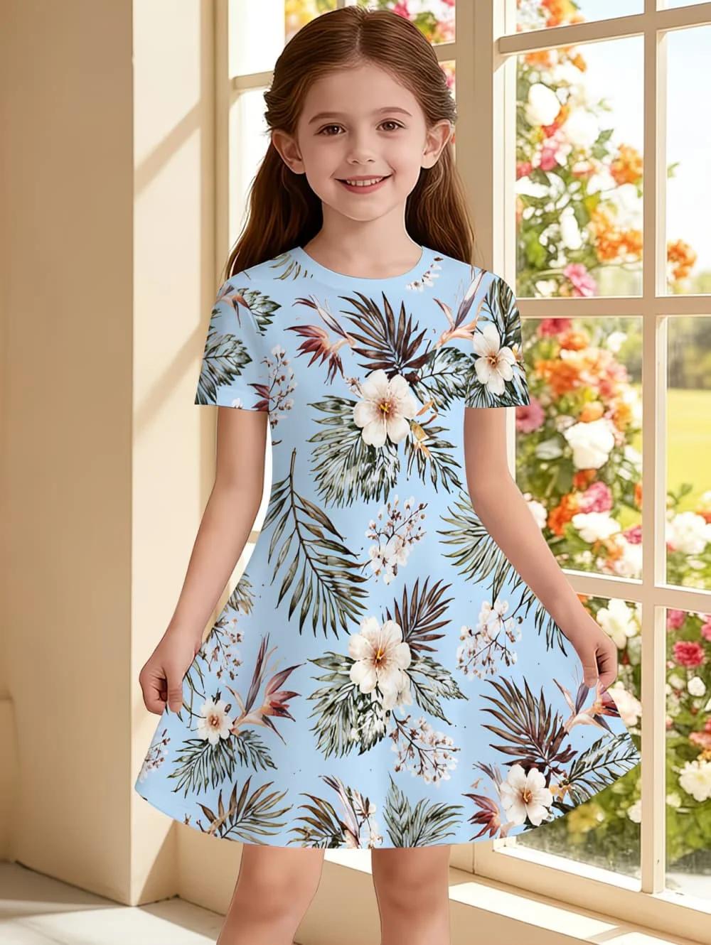 Robes pour filles, robe à manches courtes avec imprimé floral coloré, robe de princesse pour vacance