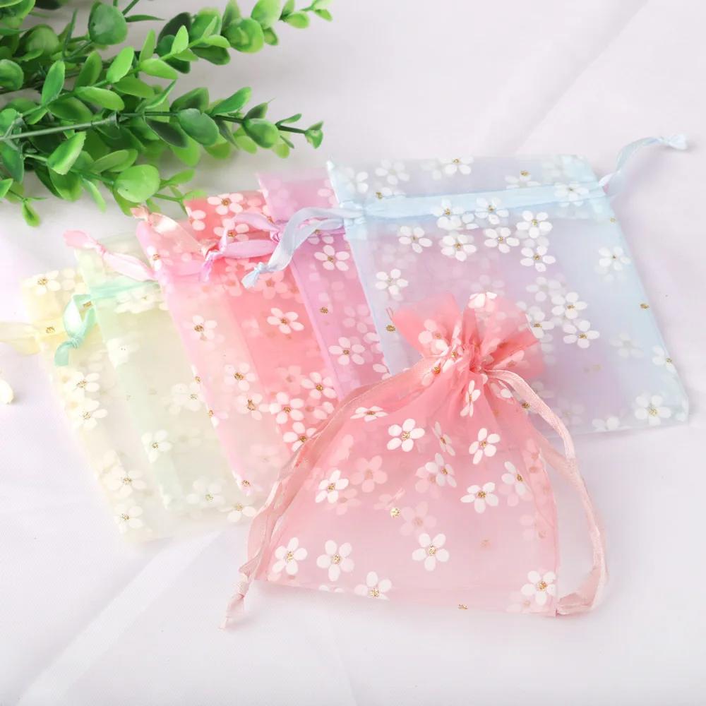 Sacs en Organza de couleurs claires, 10 pièces, 10x14cm, 13x18cm, 16x23cm, impression de fleurs, emb