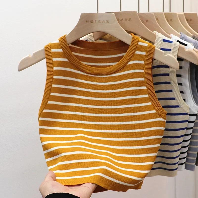 T-shirt court et slim à rayures pour femmes, gilets courts et décontractés, chemises d'été et de pri