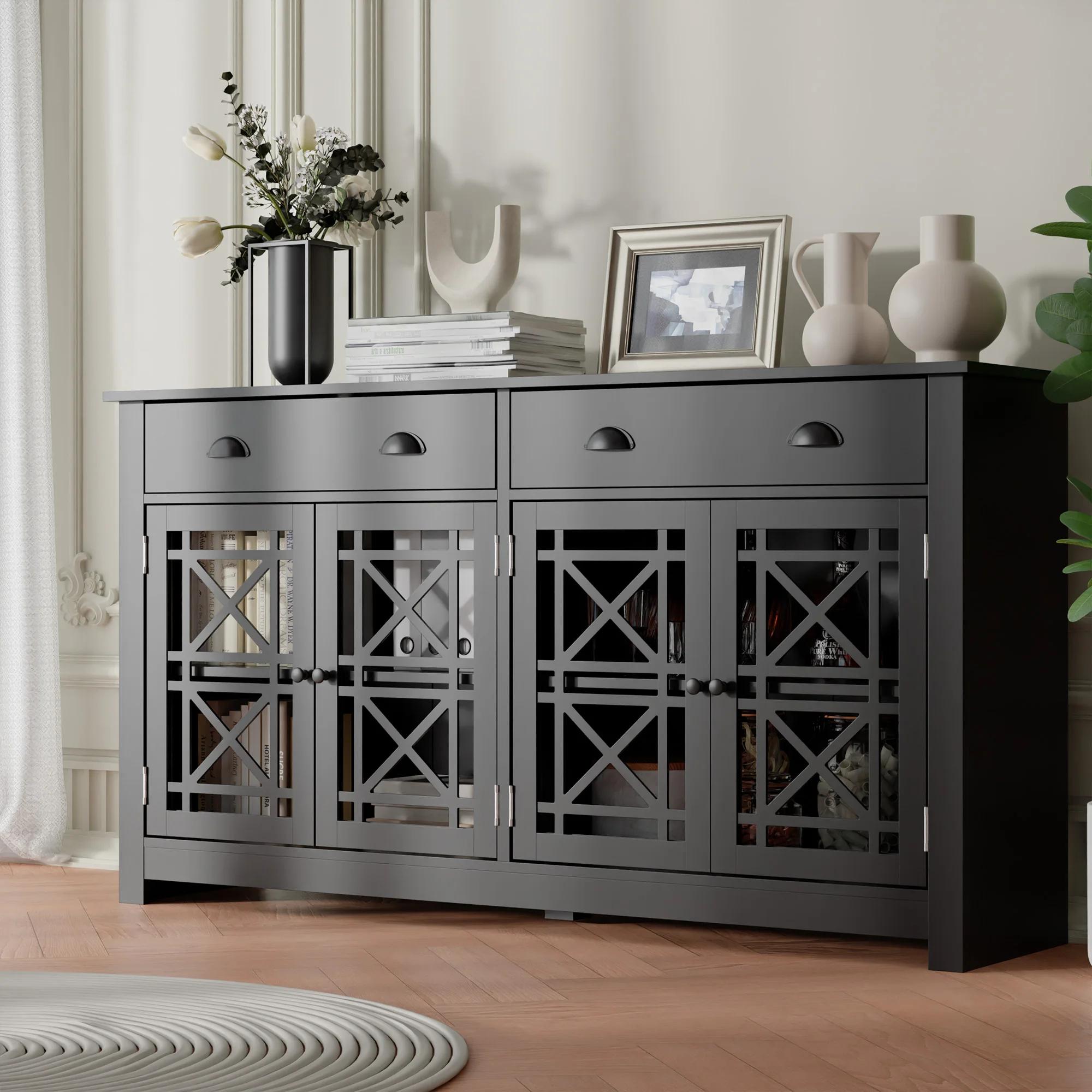 Buffet en bois avec 4 portes en verre acrylique, armoire de bar autoportante, armoire de planche mod