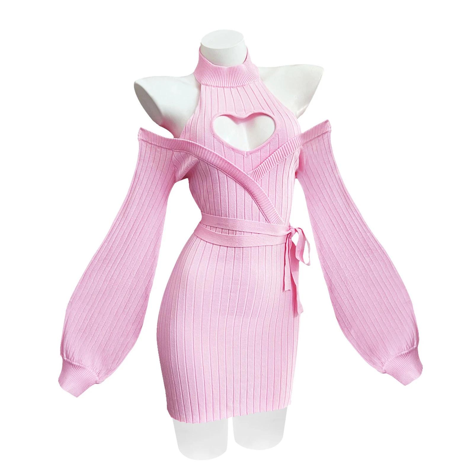 Robe en tricot bleu sexy à motif d'automne et de cœur, bretelles, dos nu, pull à col roulé doux pour