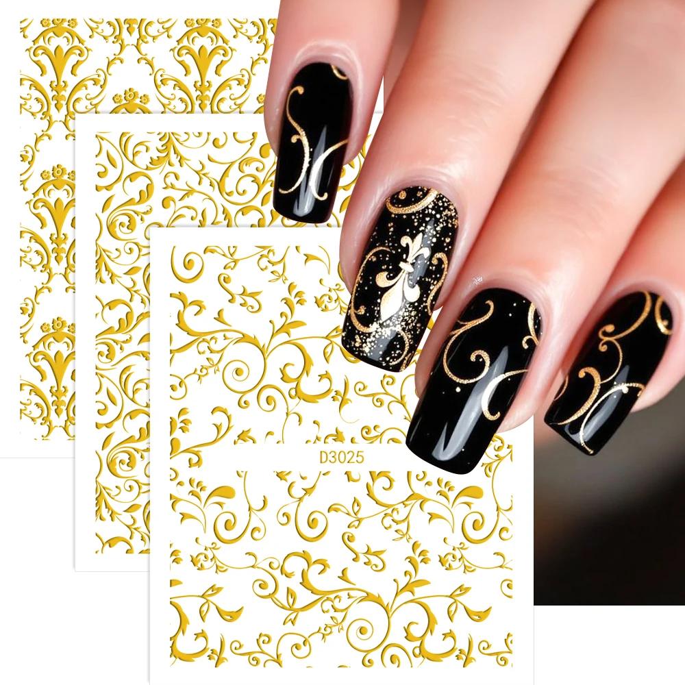 30 feuilles or fleurs métalliques vigne Nail Art décalcomanies 3D dentelle fleur autocollant pour on