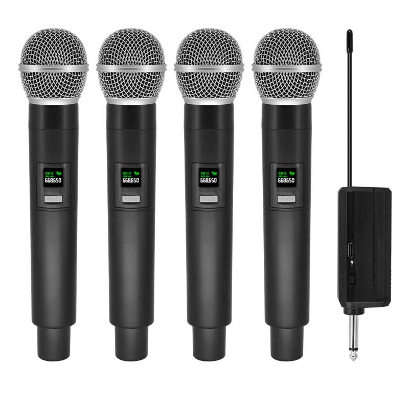 Microphone sans fil professionnel, 4 canaux, karaoké, rechargeable, facile à utiliser, pour l'extéri