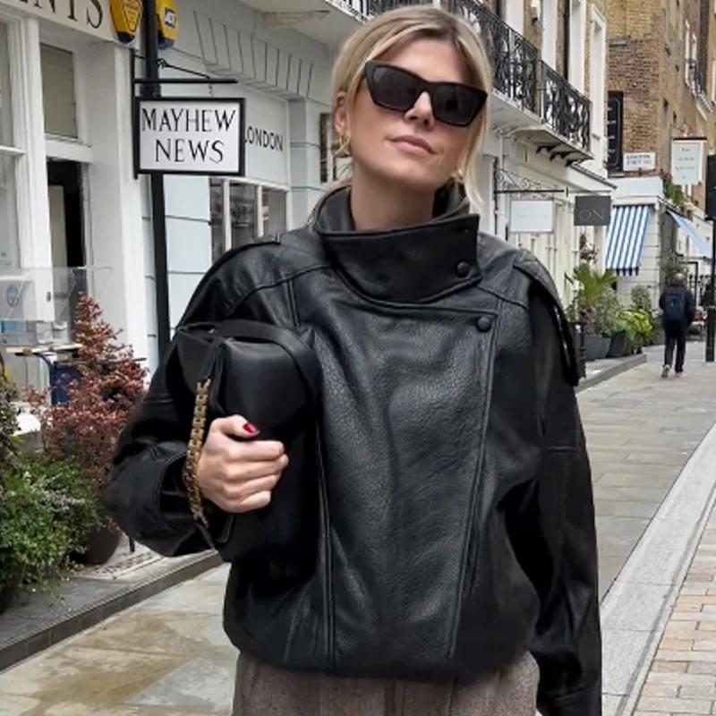 HXAO Veste bombardier asymétrique en simili cuir pour femme, courte, noire, surdimensionnée, à la mo