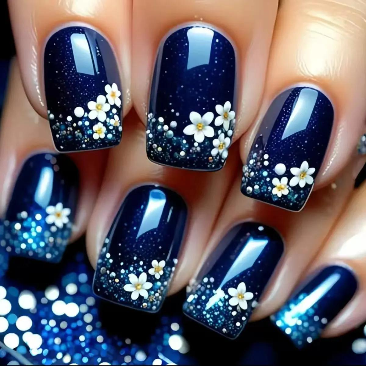 Faux ongles courts et moyens, violet, bleu, rouge, marron, fleurs noires, papillon, automne-hiver, p