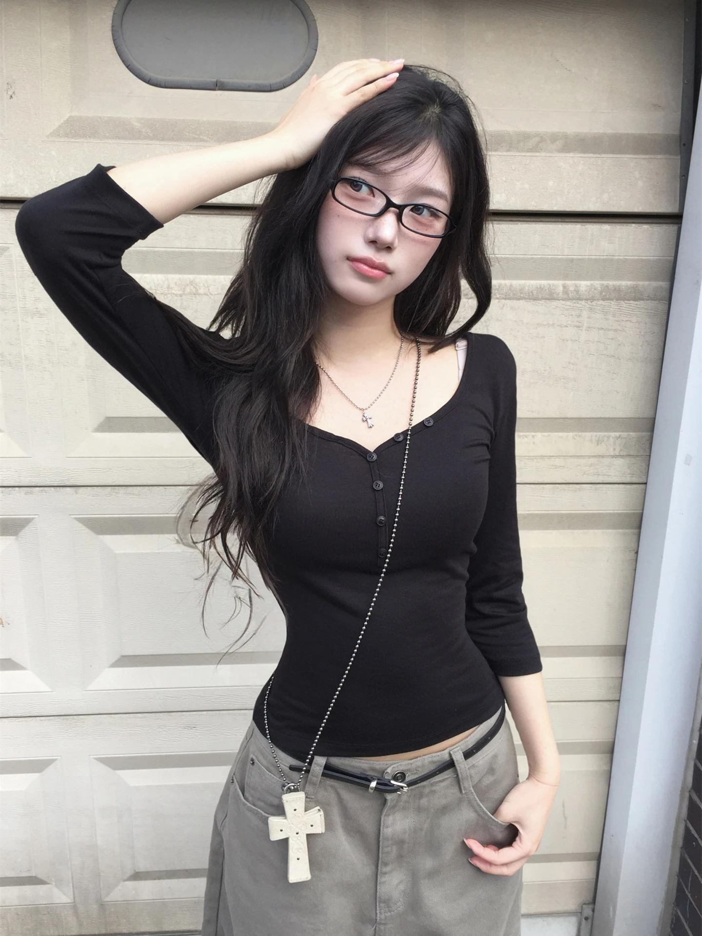Dulzura automne solide col rond demi manches simple boutonnage mince T-Shirt femmes décontracté poly