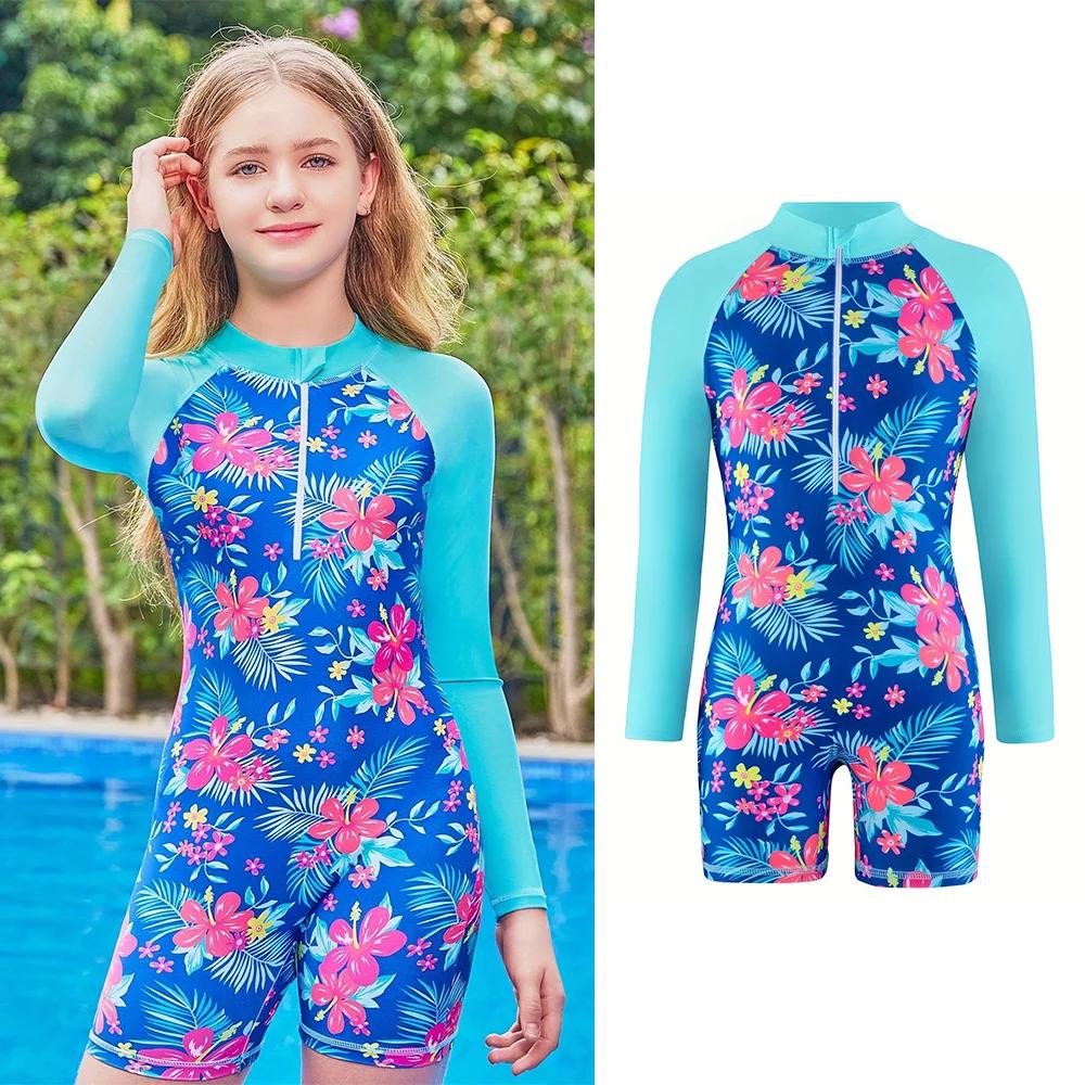 Maillot de bain une pièce à manches longues pour filles mignonnes, imprimé Floral, vêtements d'été p