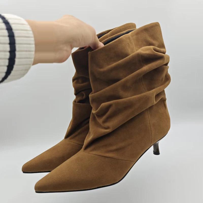 Aneikeh hiver Style De rue bout pointu bottines Femmes plissé bottes courtes Femme rétro concepteur 