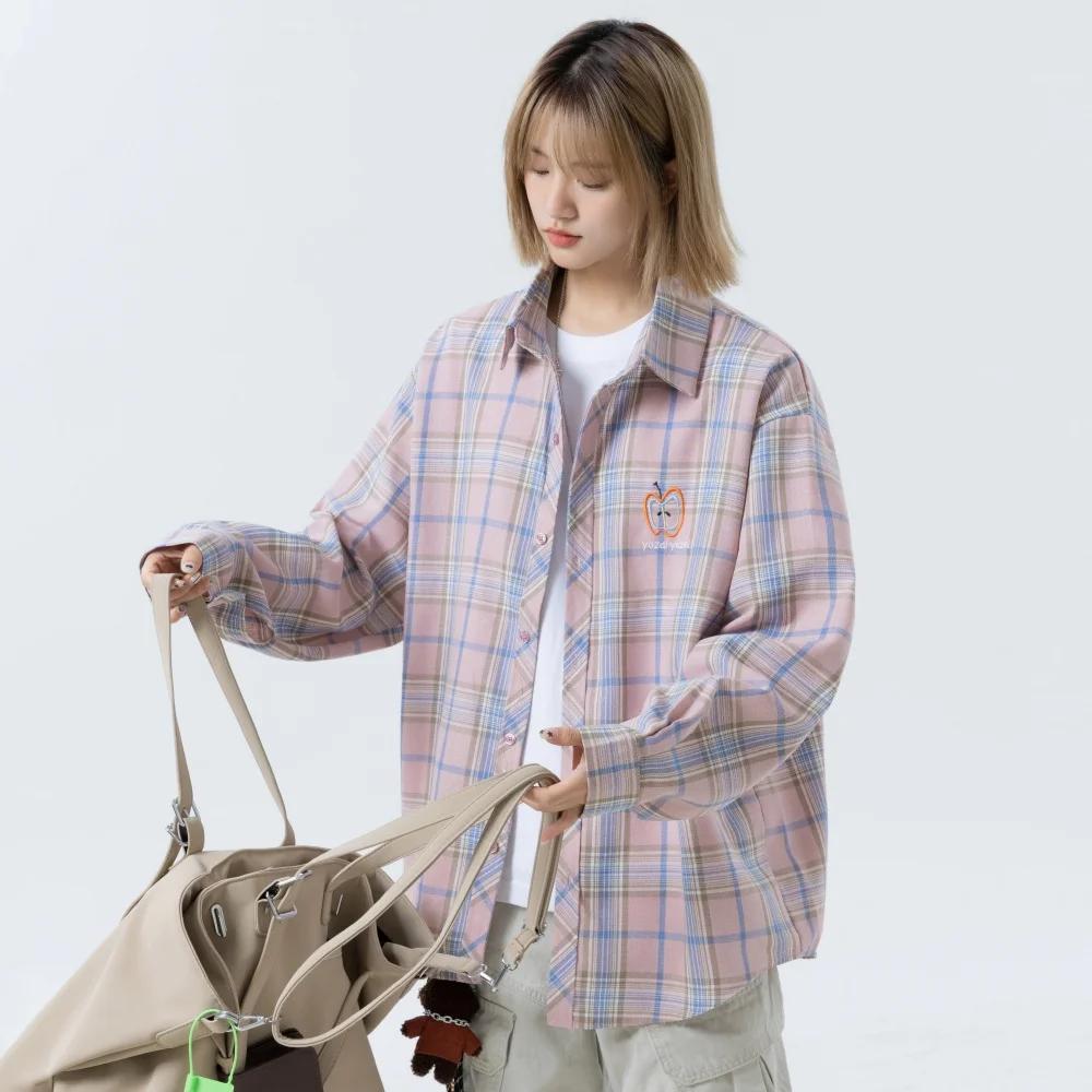 Chemisier à carreaux oversize pour femme avec broderie pomme – Blouses et chemises décontractées ten