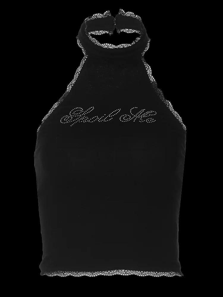 Dulzura – haut court sans manches en dentelle pour femmes, col licou, gilet, Patchwork, Sexy, strass