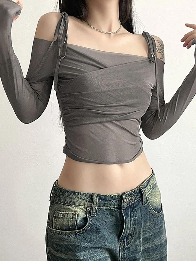 Y2K Streetwear pour femmes, haut court à col Slash, Sexy, épaules dénudées, manches longues, Slim, m