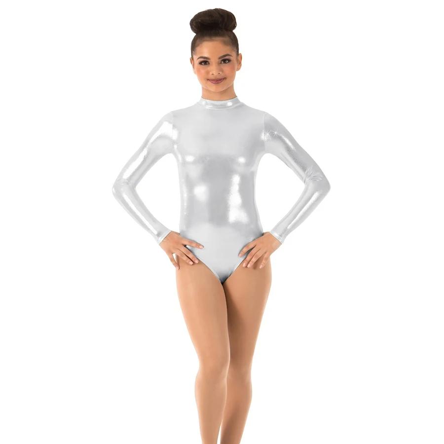 Justaucorps de gymnastique à col roulé métallique brillant pour filles et femmes, Costumes de danse 