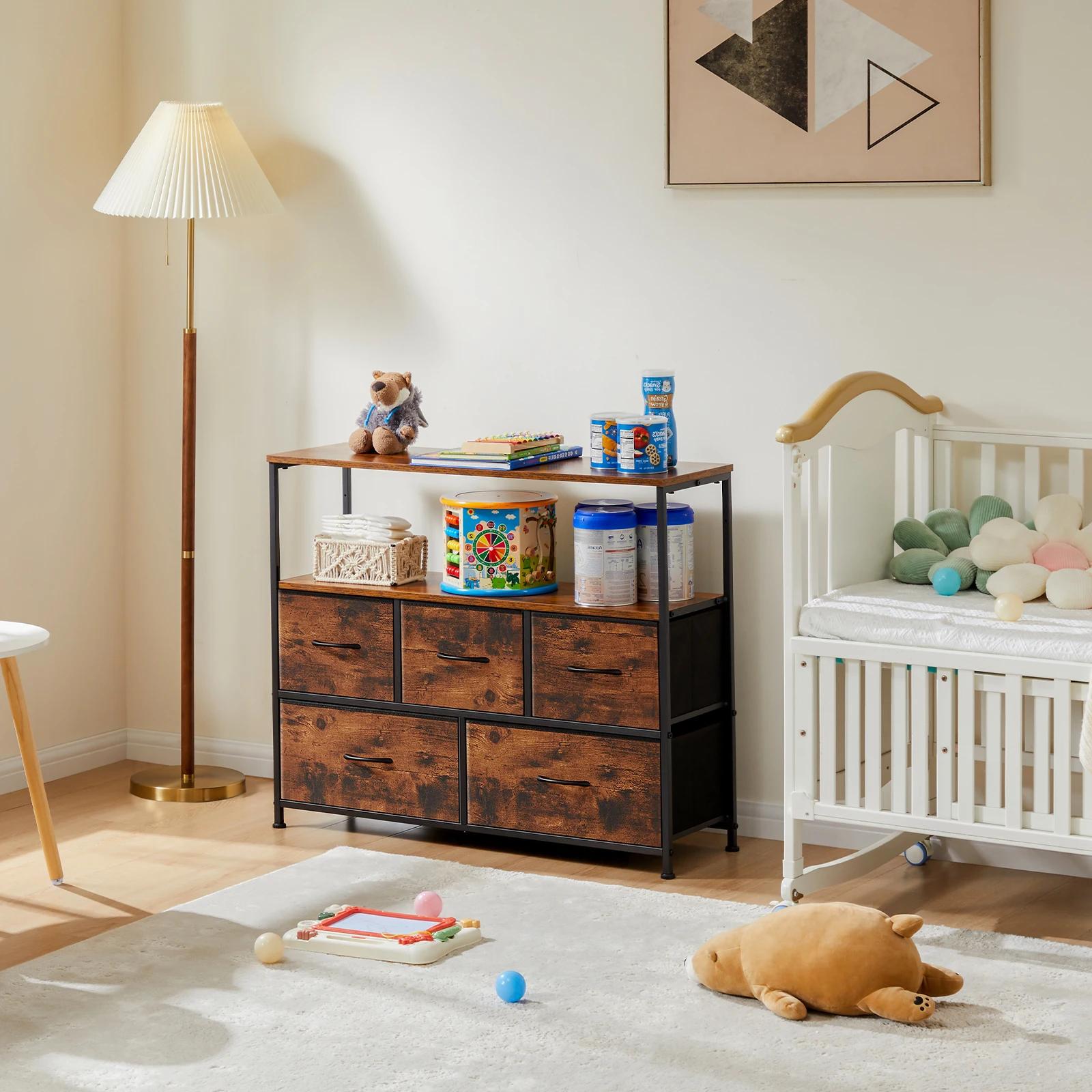 JHK cheminée meuble TV commode pour chambre à coucher avec 5 tiroirs en tissu placard de rangement p