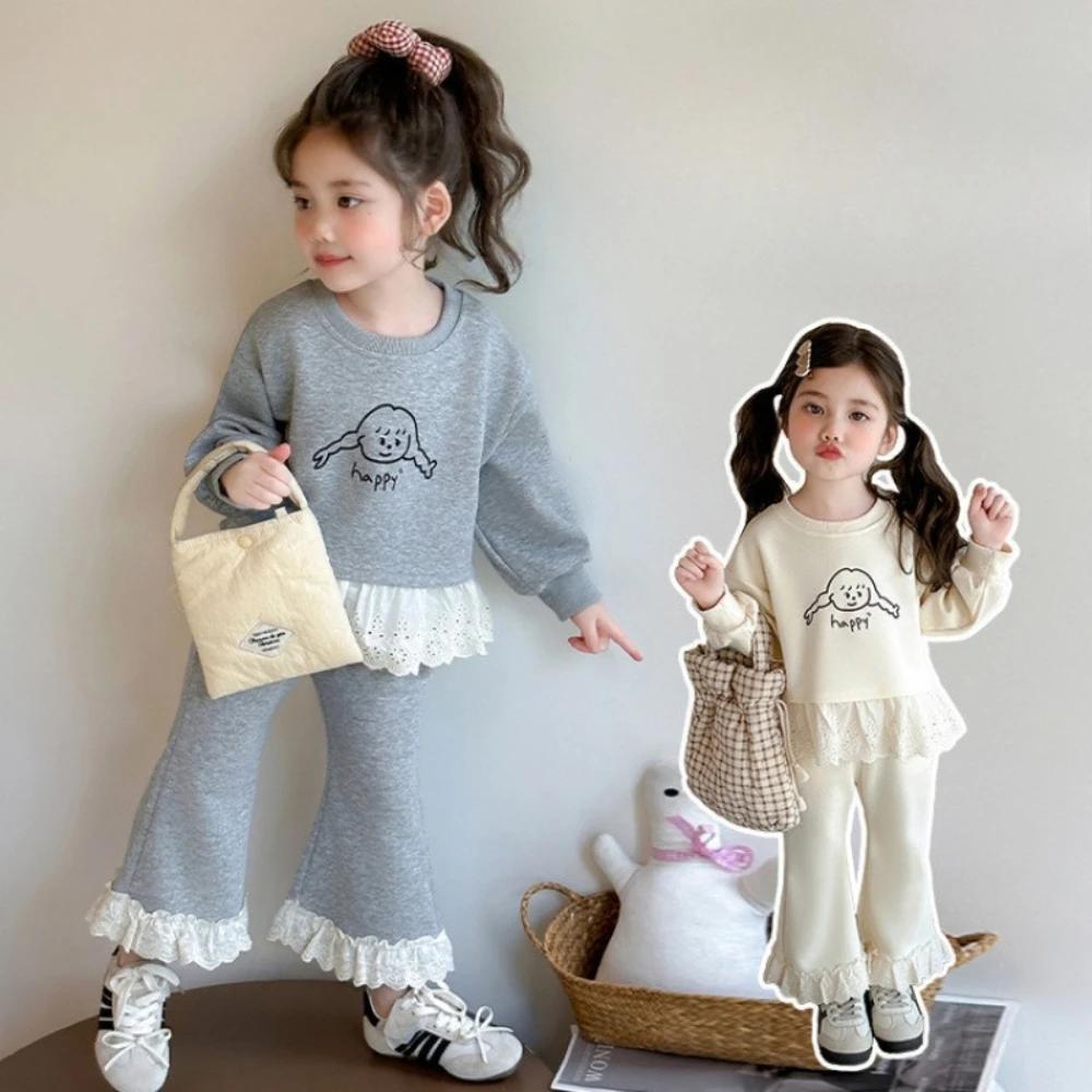 Vêtements unis pour filles, Version coréenne, épissure de dentelle, ensemble pour enfants, manches l