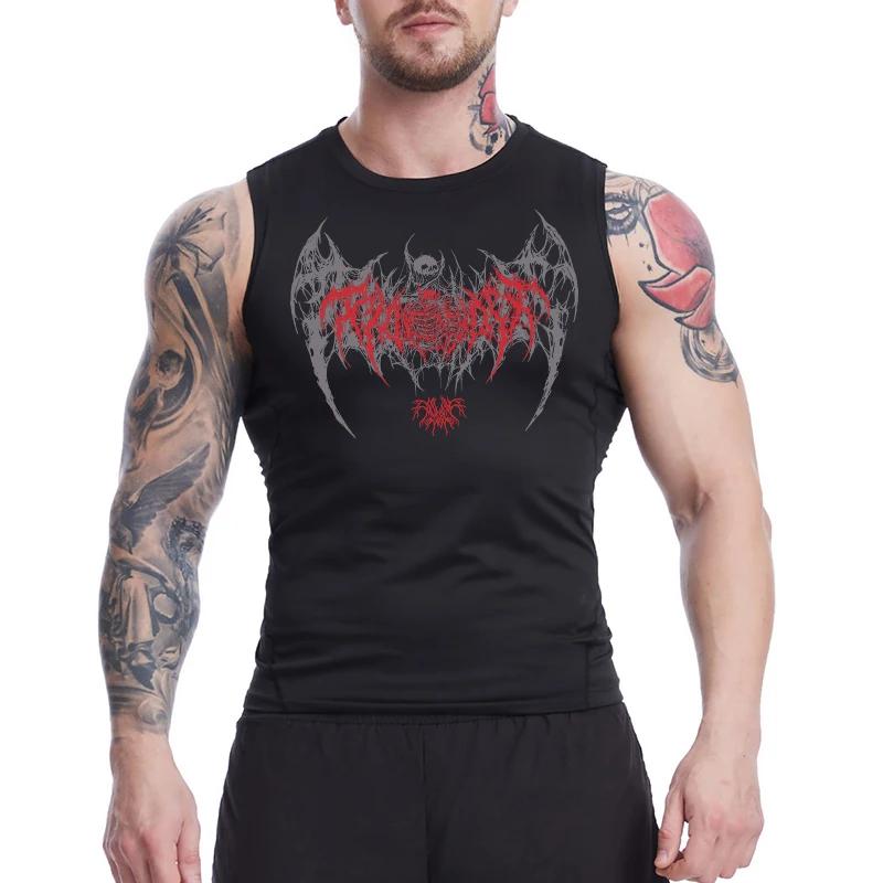 Chemise de compression sans manches imprimée ailes de crâne pour hommes débardeurs athlétiques à séc