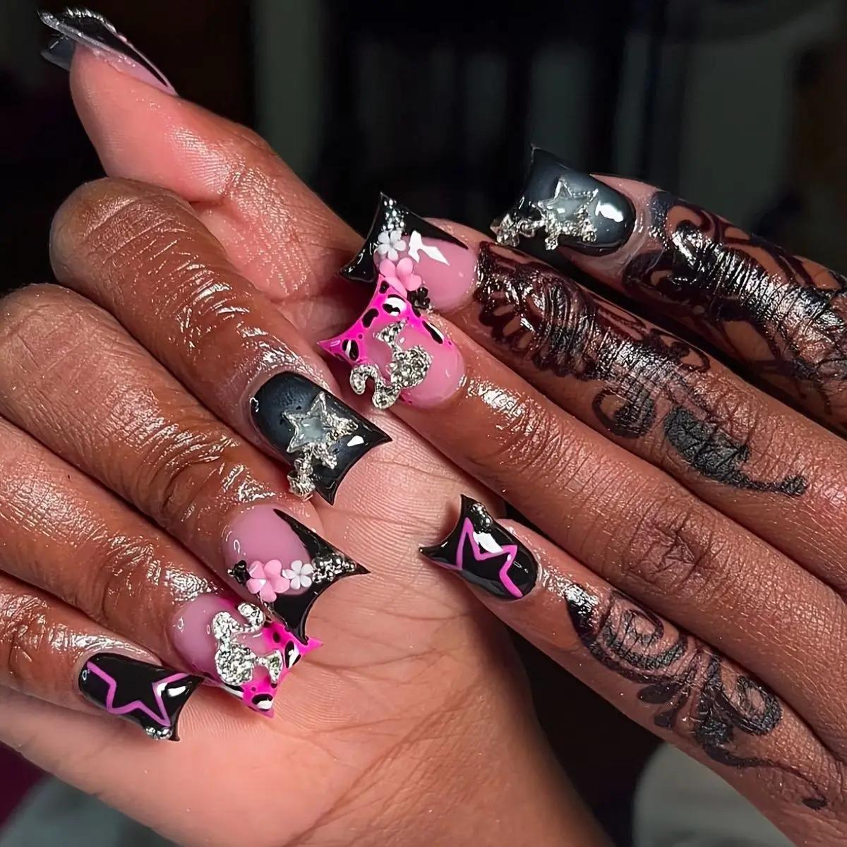 24 pièces nu rose doux faux ongles court bec de canard imprimé léopard français faux ongles avec nœu