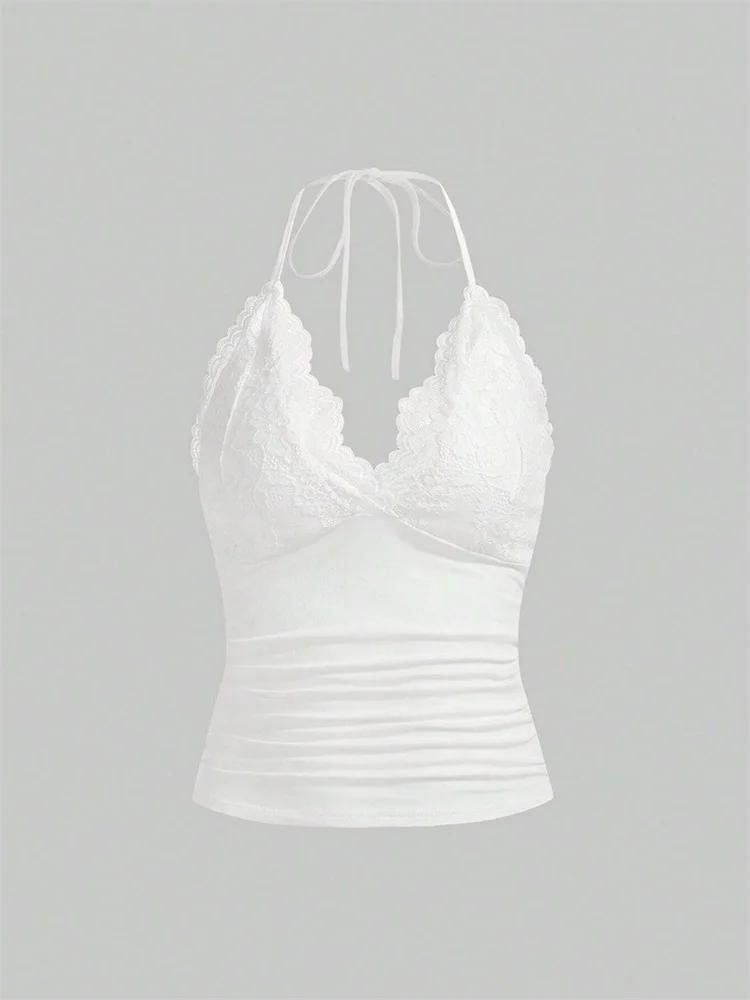Goth Grunge Punk noir dentelle Patchwork haut à licou femmes été solide froncé dos nu sans manches d