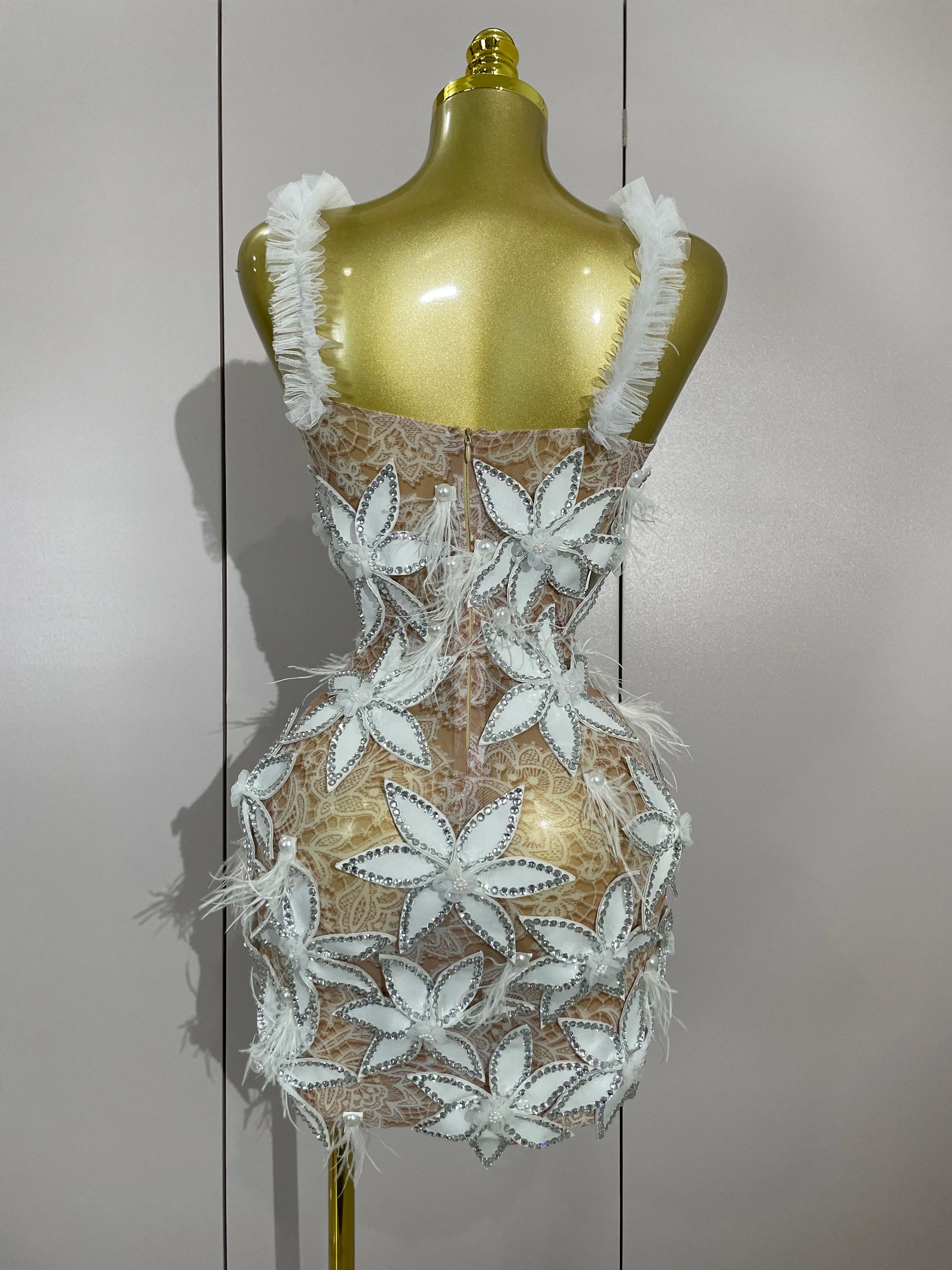 Sexy brillant diamant fleurs plumes blanc Transparent Slip robe courte soirée bal célébrer anniversa