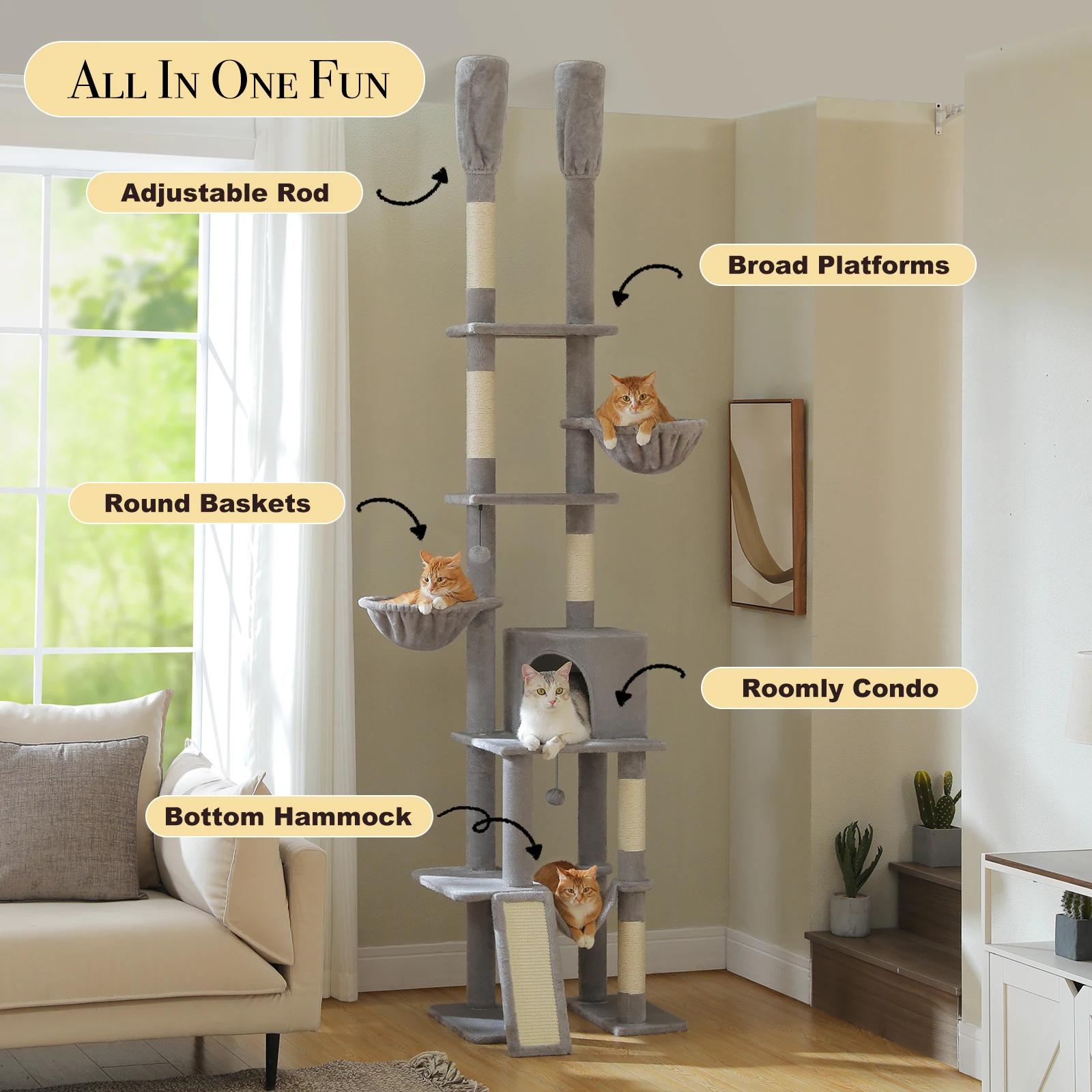 Arbre à chat Cactus du sol au plafond, tour à chat à 7 niveaux, arbre d'escalade pour chat avec hama