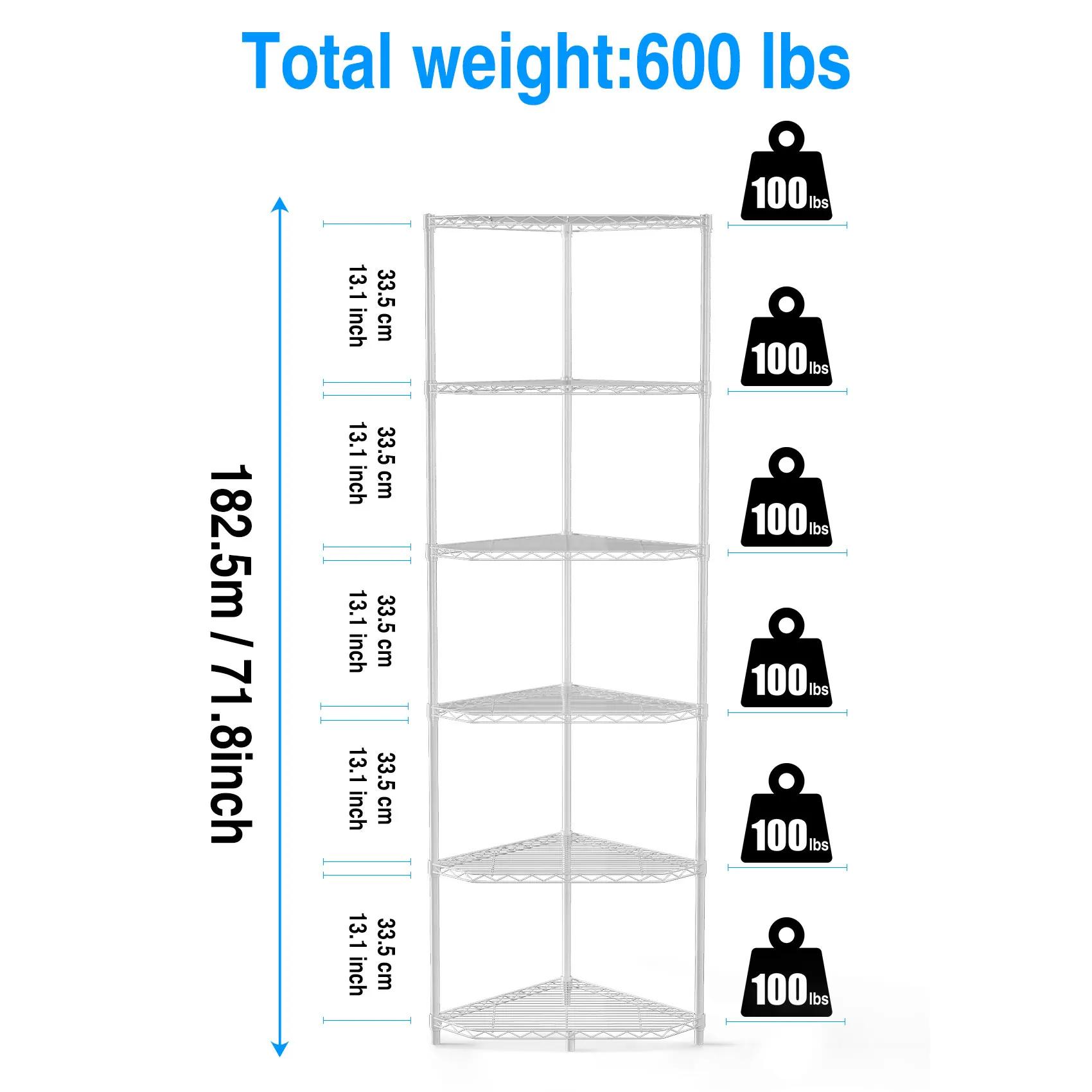 Étagère d'angle en fil métallique à 6 niveaux, étagère pentagonale T1, métal réglable, rapDuty, rang