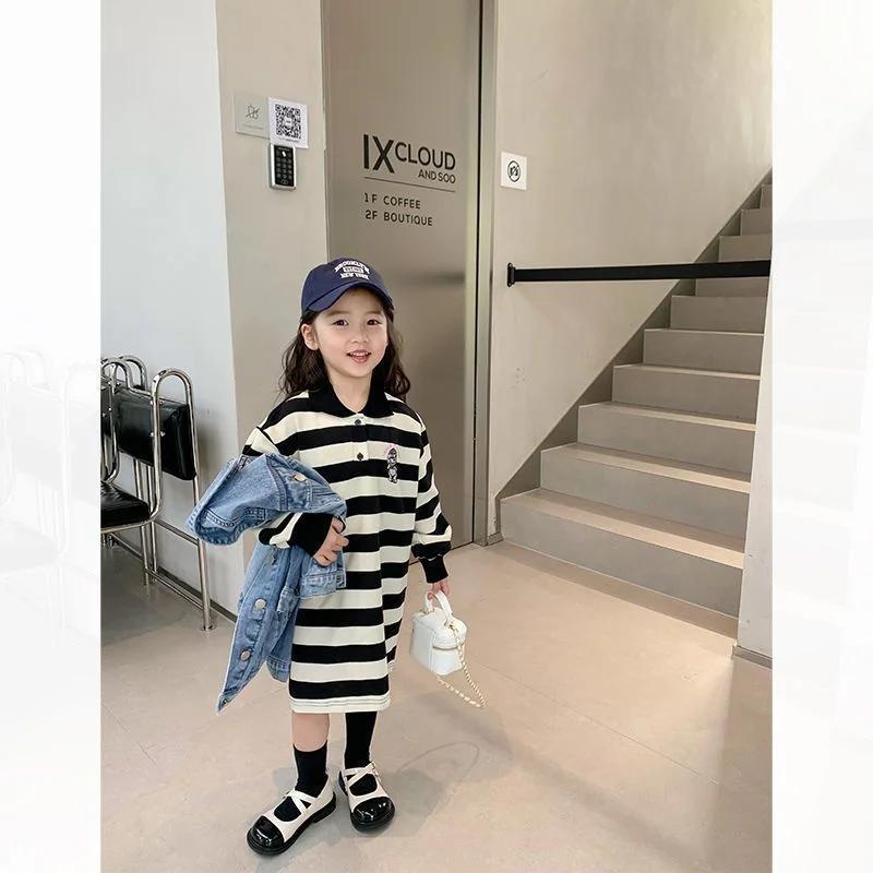 Robes à rayures pour filles, automne printemps, manches longues, col polo, sweat-shirt, mode enfants